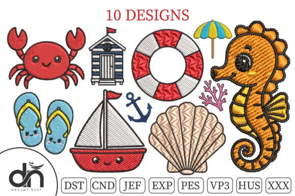 10 Cute Mini Beach Sea Embroidery Pack