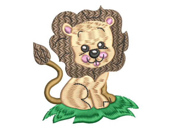 Cute Sitting Lion on Grass Embroidery Design