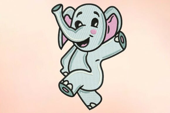 Happy Waving Elephant Embroidery