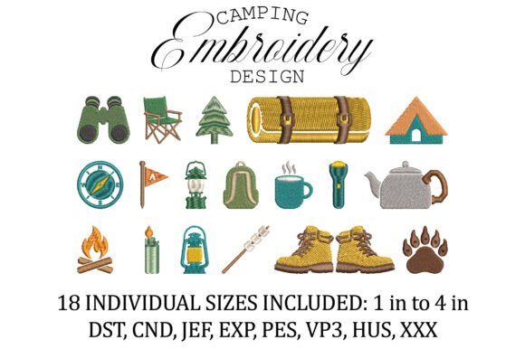 Set of 20 Camping Icons Embroidery Pack